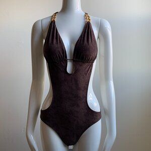 Sauvage Brown & Gold monokini cut out one piece swimsuit